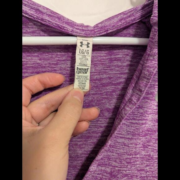 Womens/Large/Under Armour loose fit purple v-neck long sleeve hooded t-shirt - Picture 3 of 4